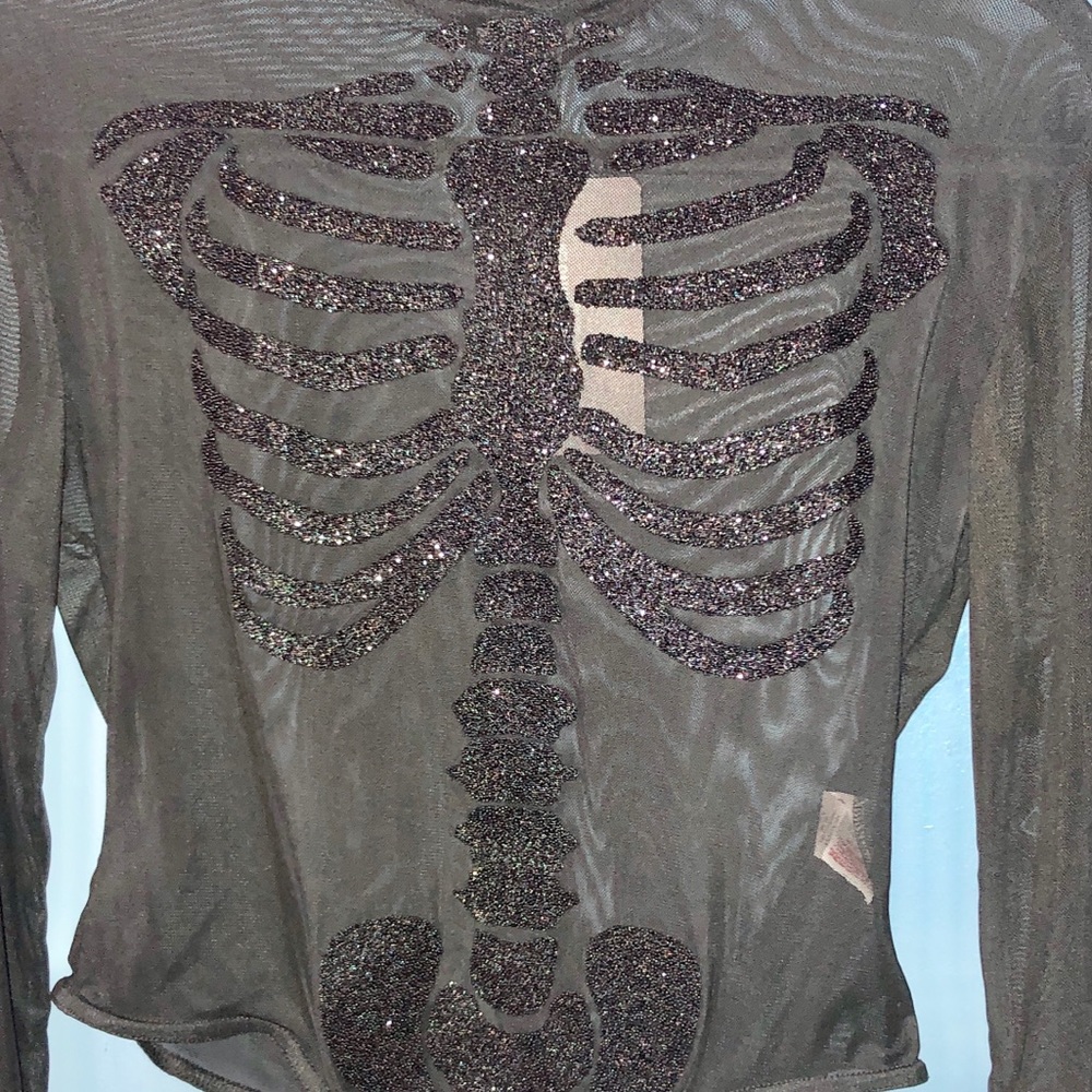 NWT Black Skeleton Beaded Print Thong Bodysuit